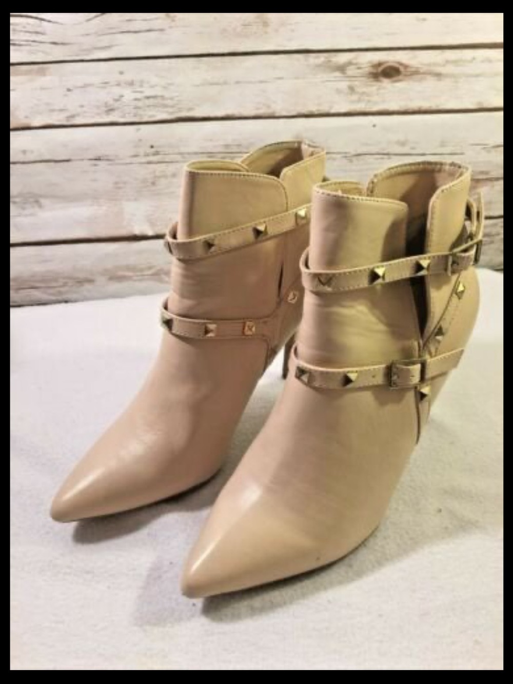 Studded Strap Nude Pointed-Toe Ankle Boots
